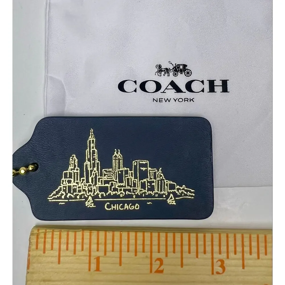 Coach Store Chicago Skyline Navy Leather Hangtag Bag Charm Keychain Travel Tag - Picture 4 of 4